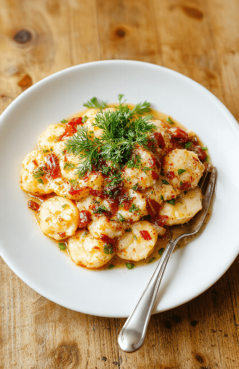 Cremige Brokkoli-Kartoffeln auf weißem Teller, daneben Brokkoli-Röschen und Kartoffelscheiben, cremige Sauce, Petersilie als Garnitur, warmes Licht, rustikaler Holztisch.