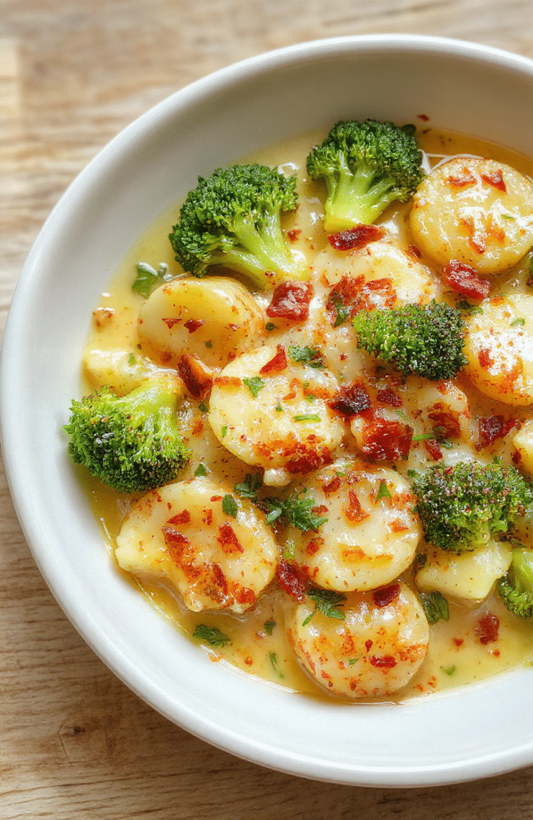 Ein Teller mit cremigen Brokkoli-Kartoffeln, goldene Kartoffelstücke, leuchtend grüner Brokkoli, bestreut mit Käse und Frühlingskräutern, serviert in heller Schale, naturbelassene Kulisse