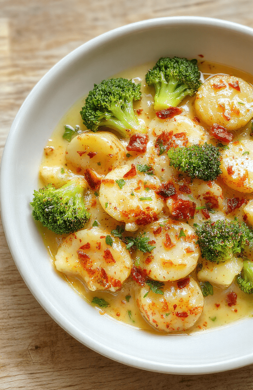 Ein Teller mit cremigen Brokkoli-Kartoffeln, goldene Kartoffelstücke, leuchtend grüner Brokkoli, bestreut mit Käse und Frühlingskräutern, serviert in heller Schale, naturbelassene Kulisse
