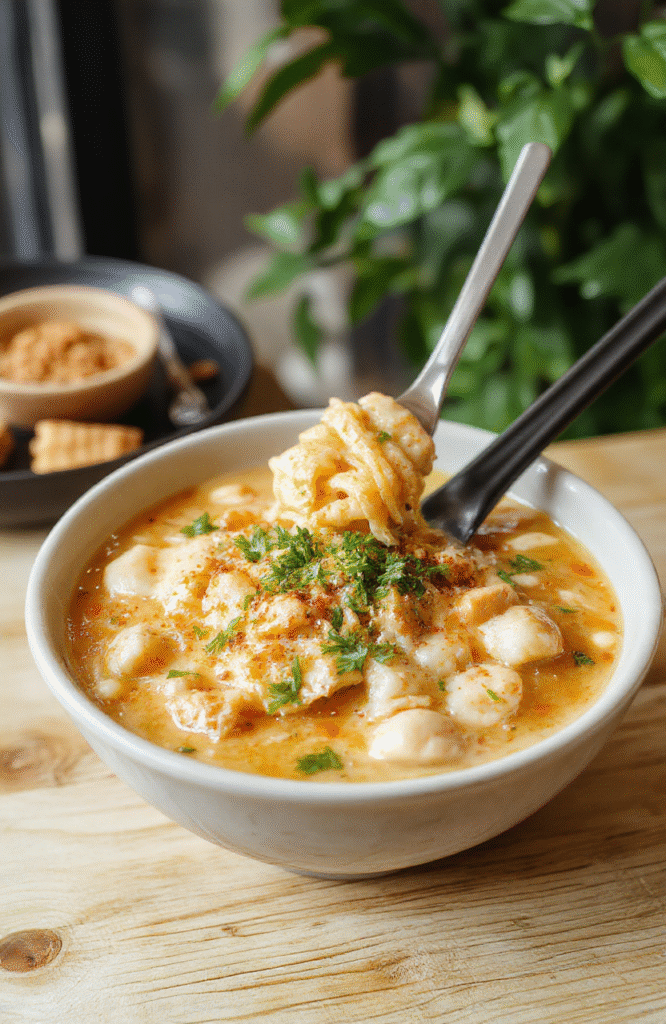 Eine Schüssel cremiger Ramen mit Erdnuss- und Kokosgeschmack. Die Suppe hat eine goldbraune Brühe, glatte Nudeln, Erdnussstücke, Frühlingszwiebeln und eine cremige Schicht oben. Die Garnitur mit gerösteten Erdnüssen und frischen Kräutern wirkt einladend auf einem schlichten Teller.