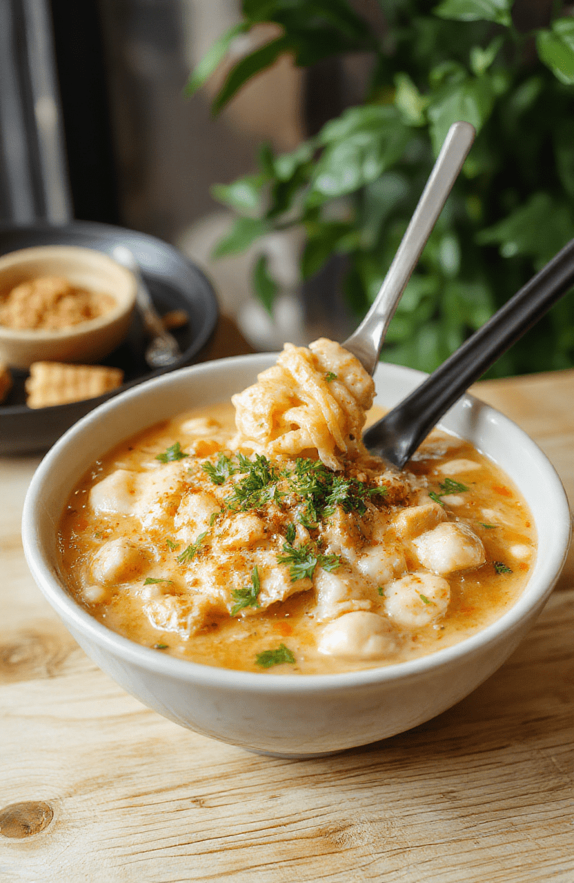 Eine Schüssel cremiger Ramen mit Erdnuss- und Kokosgeschmack. Die Suppe hat eine goldbraune Brühe, glatte Nudeln, Erdnussstücke, Frühlingszwiebeln und eine cremige Schicht oben. Die Garnitur mit gerösteten Erdnüssen und frischen Kräutern wirkt einladend auf einem schlichten Teller.