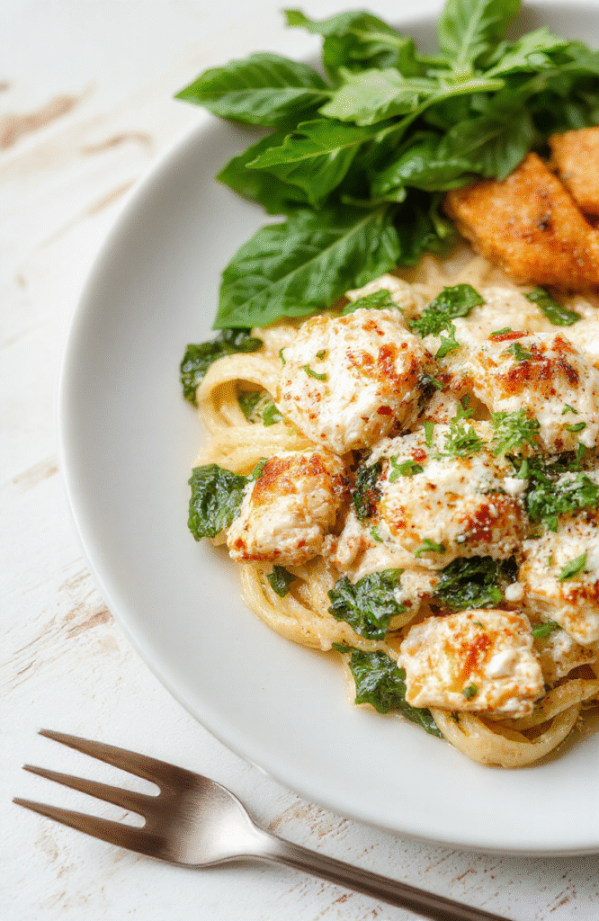 Bunter Teller cremige Pasta mit grünem Spinat, goldbraun gebratene Hähnchenstücke, bestreut mit Parmesan, serviert auf einem hellen Teller.