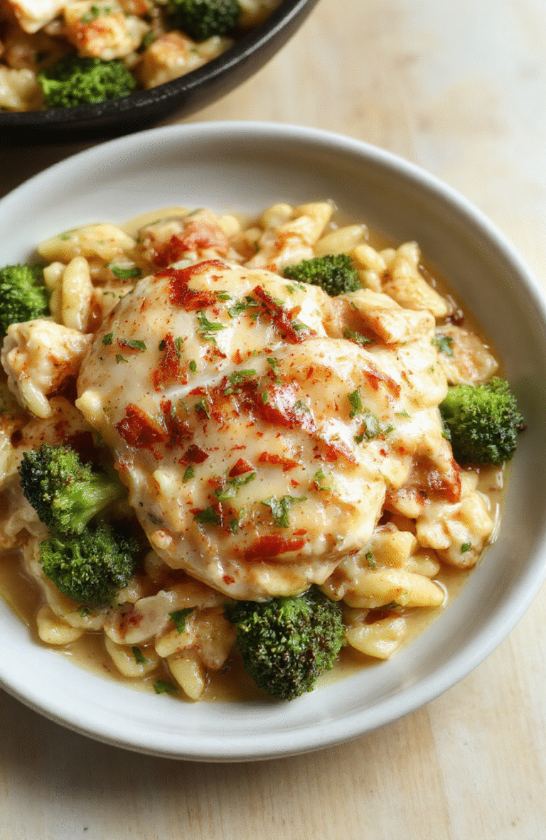 Ein Teller cremige Hähnchen-Orzo-Pfanne mit Brokkoli, goldene Hähnchenstücke, grünem Brokkoli, zarte Orzo-Nudeln in cremiger Sauce, bestreut mit Parmesan, serviert auf heller Holzunterlage.