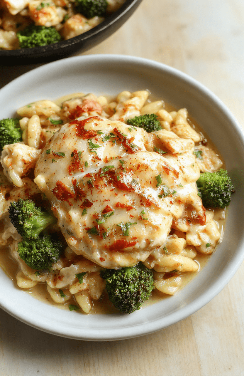 Ein Teller cremige Hähnchen-Orzo-Pfanne mit Brokkoli, goldene Hähnchenstücke, grünem Brokkoli, zarte Orzo-Nudeln in cremiger Sauce, bestreut mit Parmesan, serviert auf heller Holzunterlage.