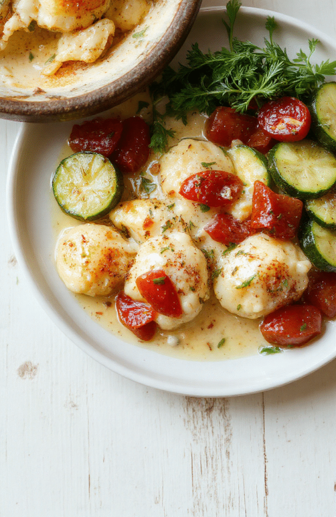 Eine cremige Pfannenmaultasche mit goldbraunen Maultaschenstücken, dazu grüne Zucchini-Scheiben, rote Kirschtomaten, eine cremige Sahnesauce und frische Basilikumblätter auf einem weißen Teller. Die Tellerung wirkt rustikal, der Hintergrund hell, die Textur der Zutaten sichtbar.
