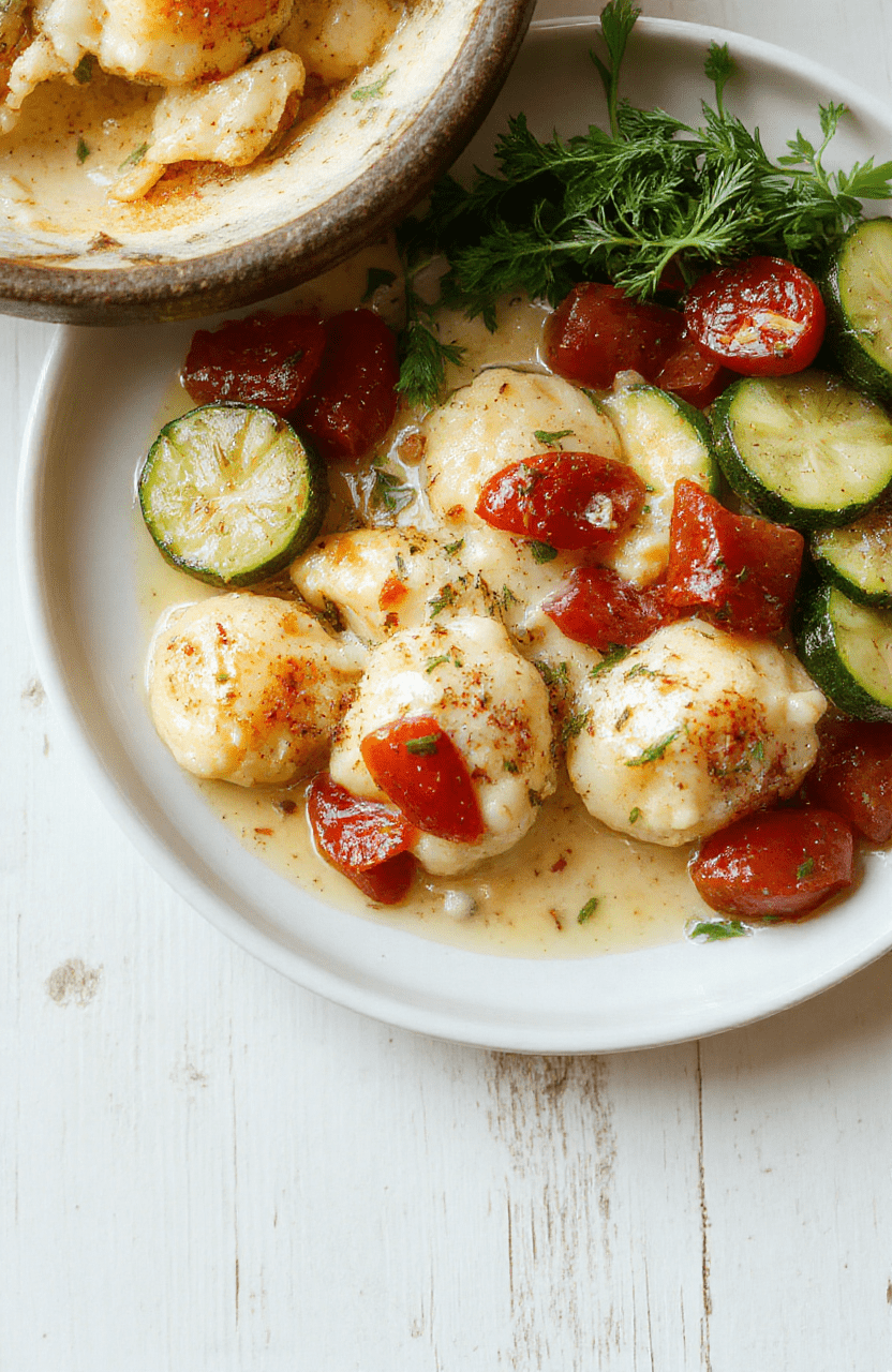 Eine cremige Pfannenmaultasche mit goldbraunen Maultaschenstücken, dazu grüne Zucchini-Scheiben, rote Kirschtomaten, eine cremige Sahnesauce und frische Basilikumblätter auf einem weißen Teller. Die Tellerung wirkt rustikal, der Hintergrund hell, die Textur der Zutaten sichtbar.