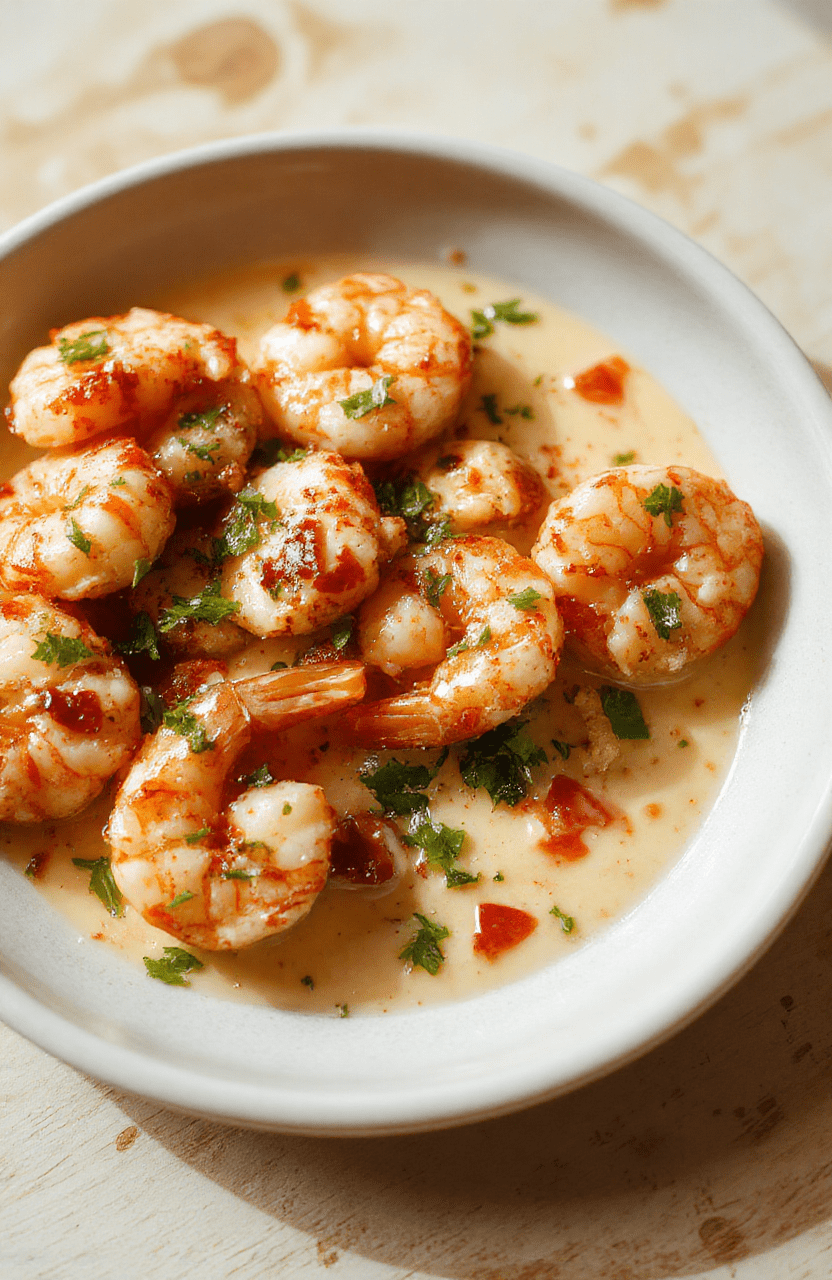 Cremige Toskanische Garnelen auf einem weißen Teller, Garnelen in einer sahnigen Sauce mit Tomaten, Knoblauch und Kräutern, dekorativ angerichtet auf hellem Holztisch.