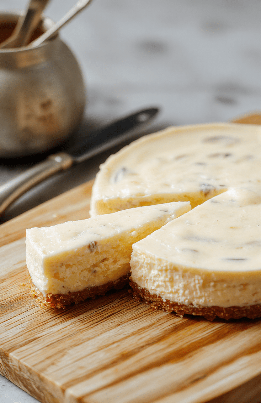 Eine cremige Stracciatella Käsekuchen-Scheibe mit glatter Oberfläche, feinen Stracciatella-Stückchen und einer dezenten Kruste, serviert auf einer hellen Holzplatte.