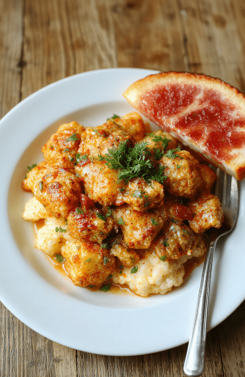 Auf einem hellen Teller präsentiert sich ein cremiges Blumenkohl-Curry direkt aus dem Ofen, goldbraun geröstete Blumenkohlröschen liegen in einer cremigen Currysoße; Garnitur aus frischem Koriander, Nahaufnahme, natürliches Tageslicht, warme Farben, neutraler Hintergrund.