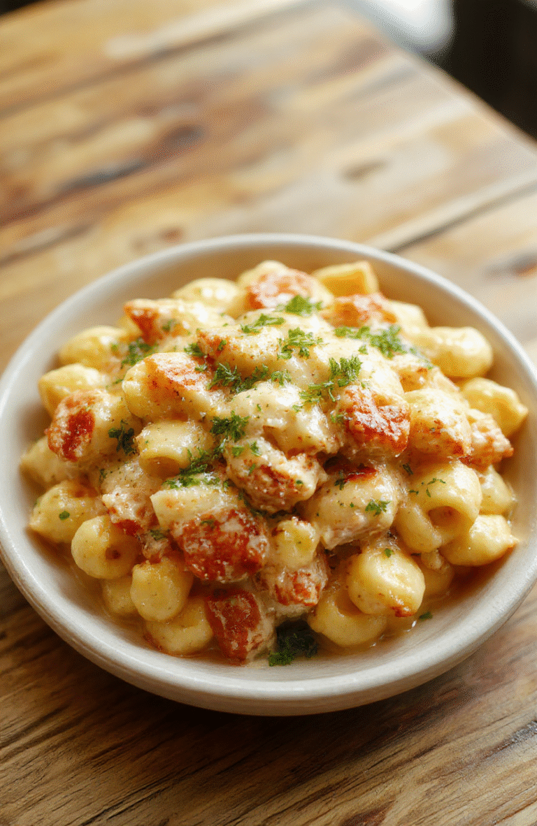 Cremiges Hähnchen Mac and Cheese, zarte Hähnchenstücke in einer cremigen Käse-Sauce über Nudeln, serviert in einer weißen Schüssel auf einem rustikalen Holztisch, sanftes Licht, unscharfer Hintergrund.