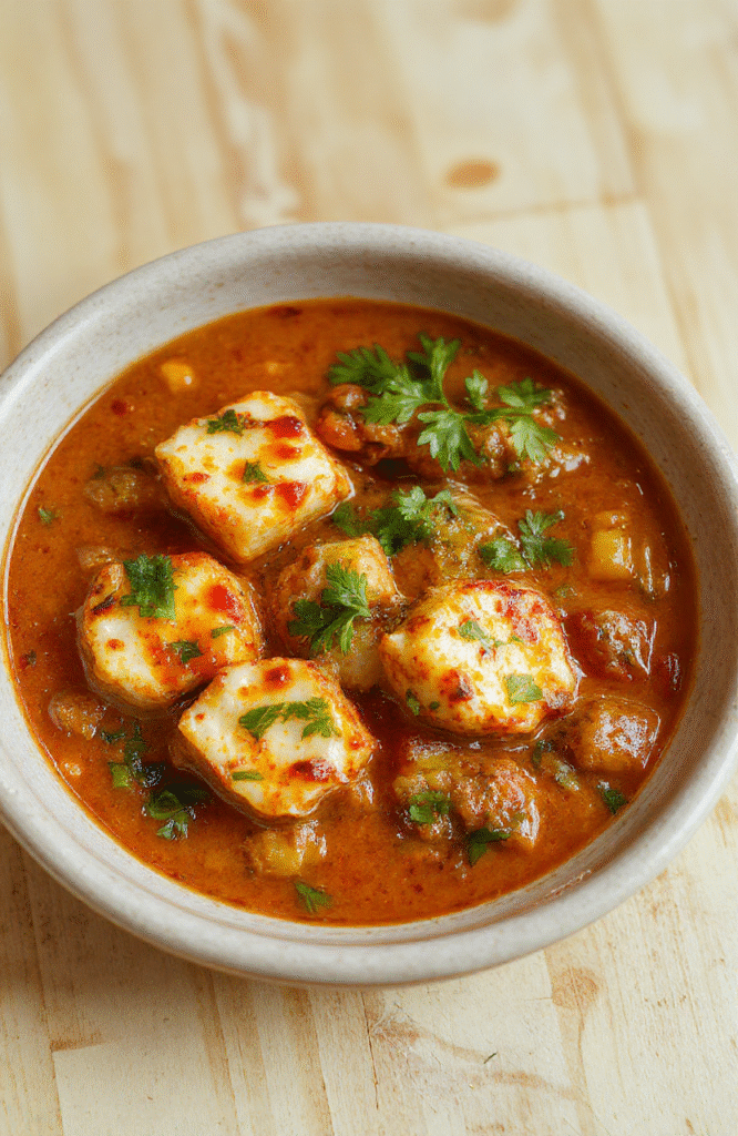 Auf einem weißen Teller liegt cremig rotes Halloumi Makhani mit goldbraun gebratenen Halloumi-Stücken, garniert mit frischem Koriander, serviert auf einem hellen Holztisch.