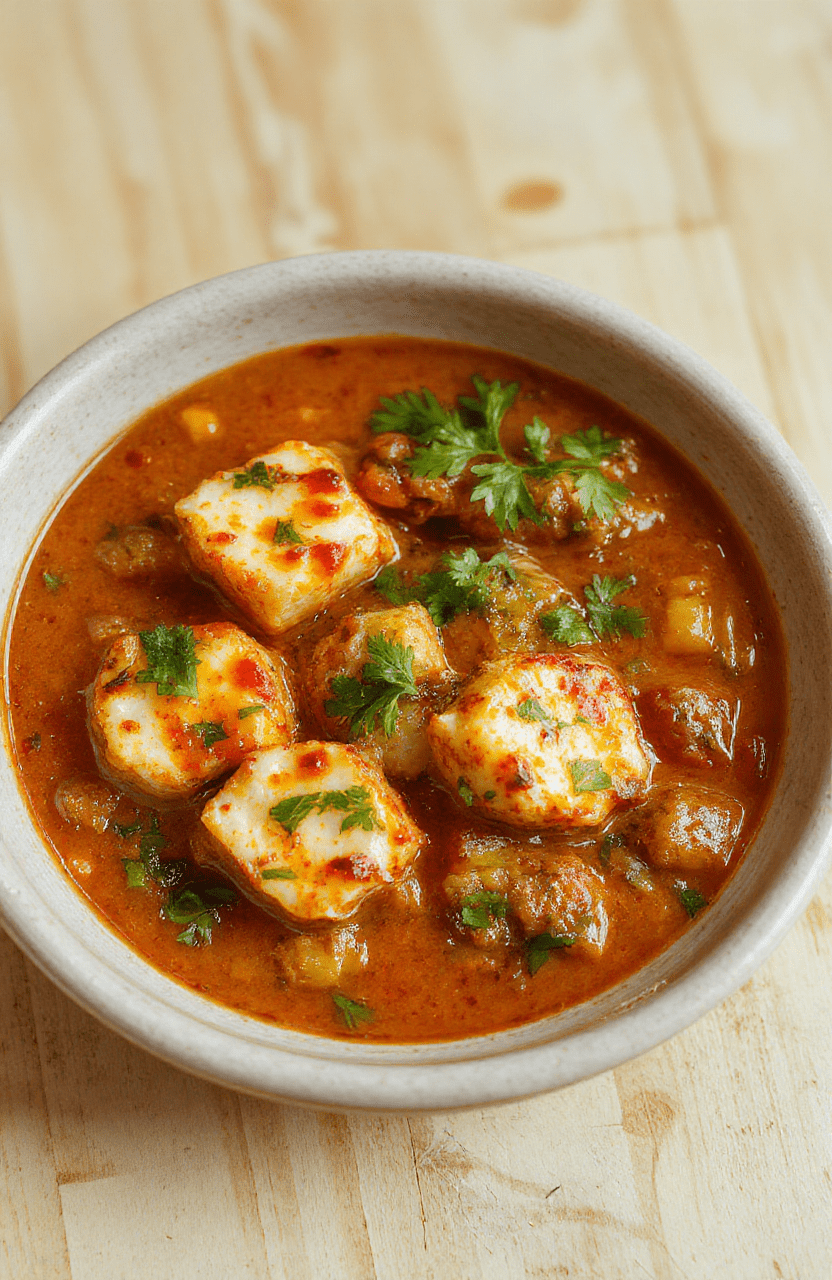 Auf einem weißen Teller liegt cremig rotes Halloumi Makhani mit goldbraun gebratenen Halloumi-Stücken, garniert mit frischem Koriander, serviert auf einem hellen Holztisch.