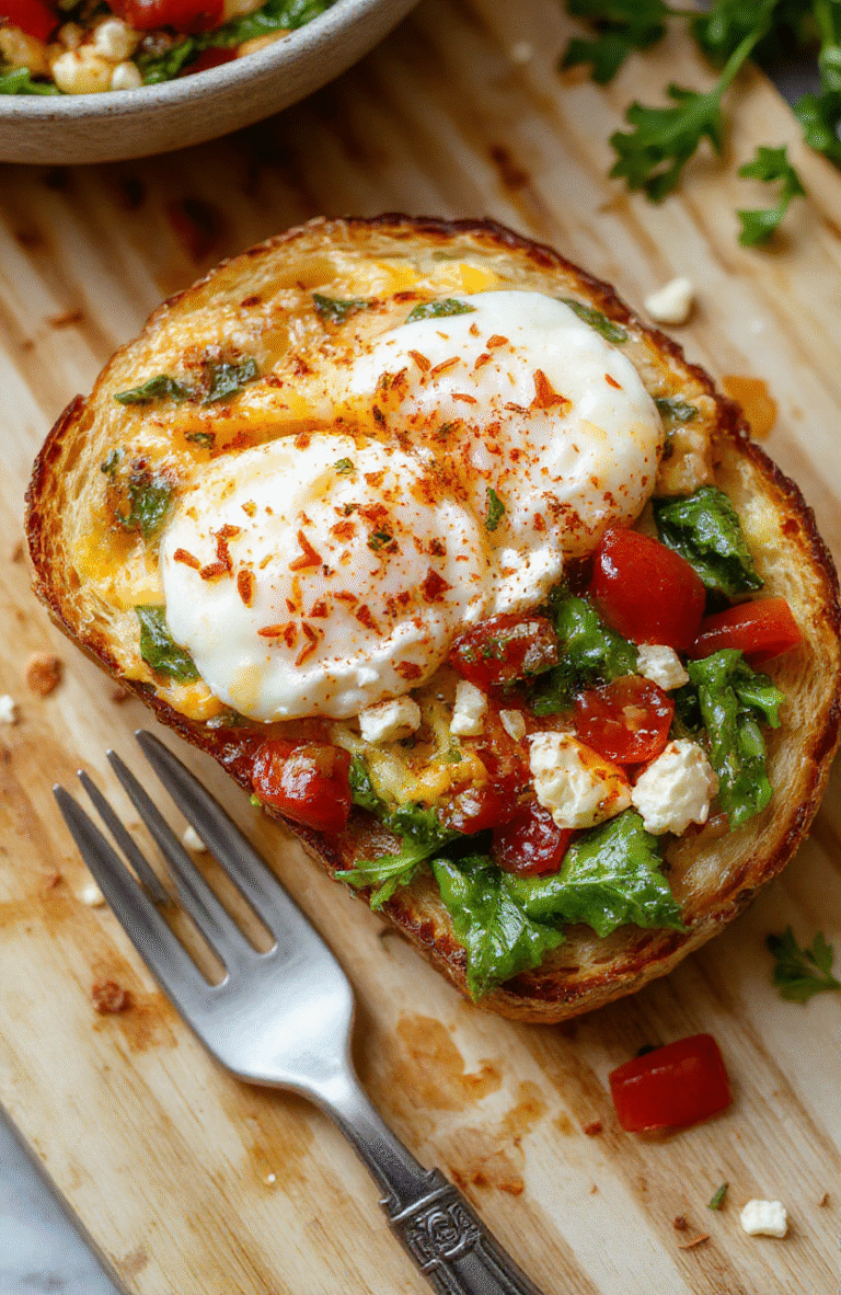 Frisch geröstetes Brot als Unterlage, darauf cremiges Rührei mit zerkrümeltem Feta, frische Spinatblätter und halbierte Tomaten; warme Farben, glatte cremige Oberflächen, leicht glänzendes Ölfinish, serviert auf dunklem Teller.