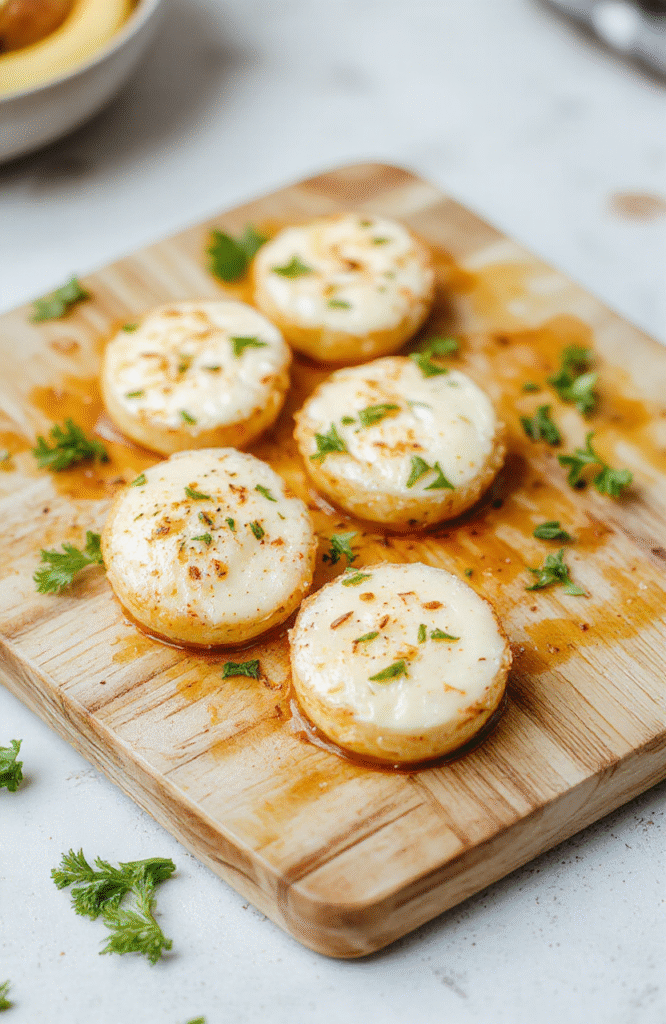 Bunte Aufnahme eines Glases mit eingelegtem Mozzarella in Öl, Kräutern und Knoblauch, daneben Basilikumblätter. Die Kugeln glänzen durch die Marinade, serviert auf einem hellen Holzbrett. Texturen sind glatt und cremig, Licht fällt sanft und natürlich.