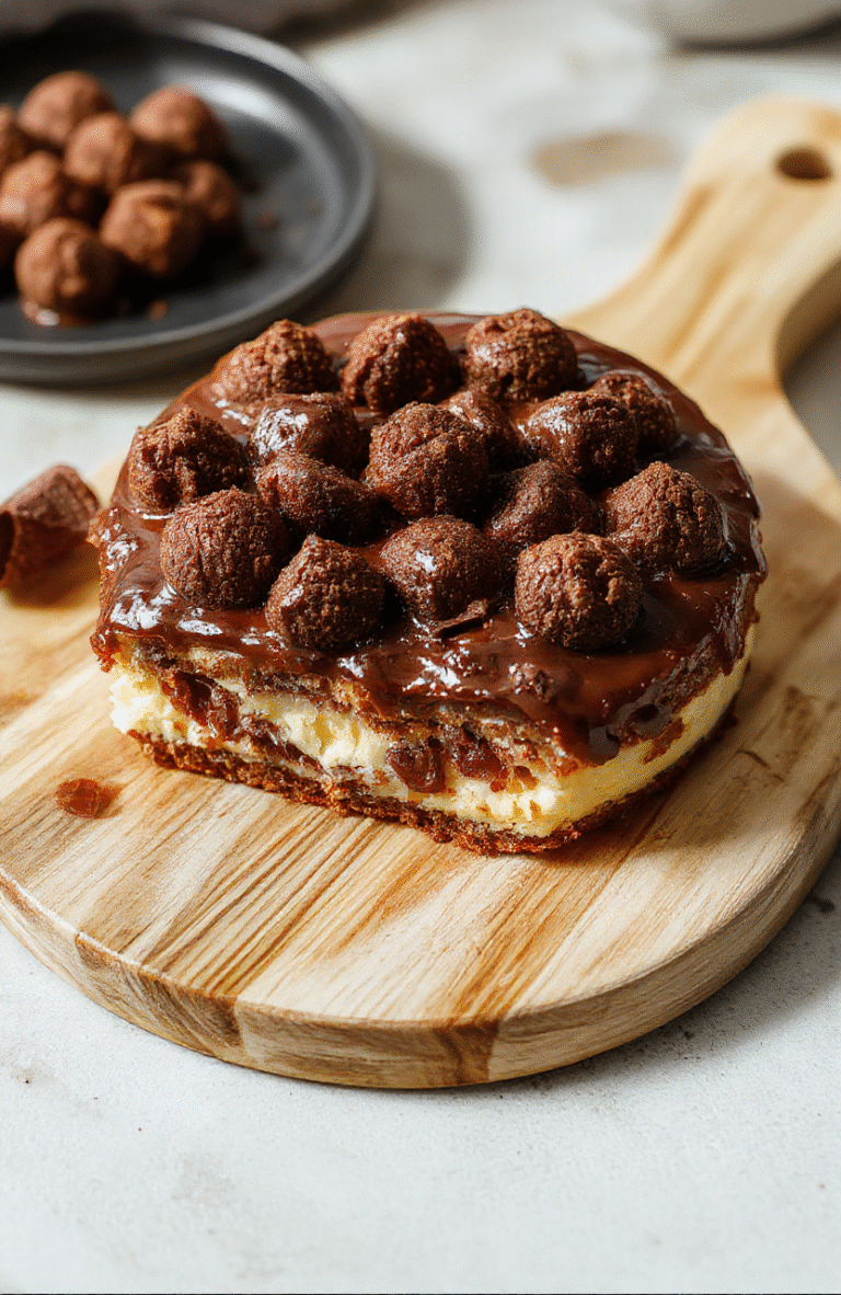 Eine cremige Ferrero Rocher Torte ohne Backen auf heller Holzunterlage, dekoriert mit ganzen Ferrero Rocher Kugeln und gehackten Haselnüssen, glänzende Schokoladenschicht