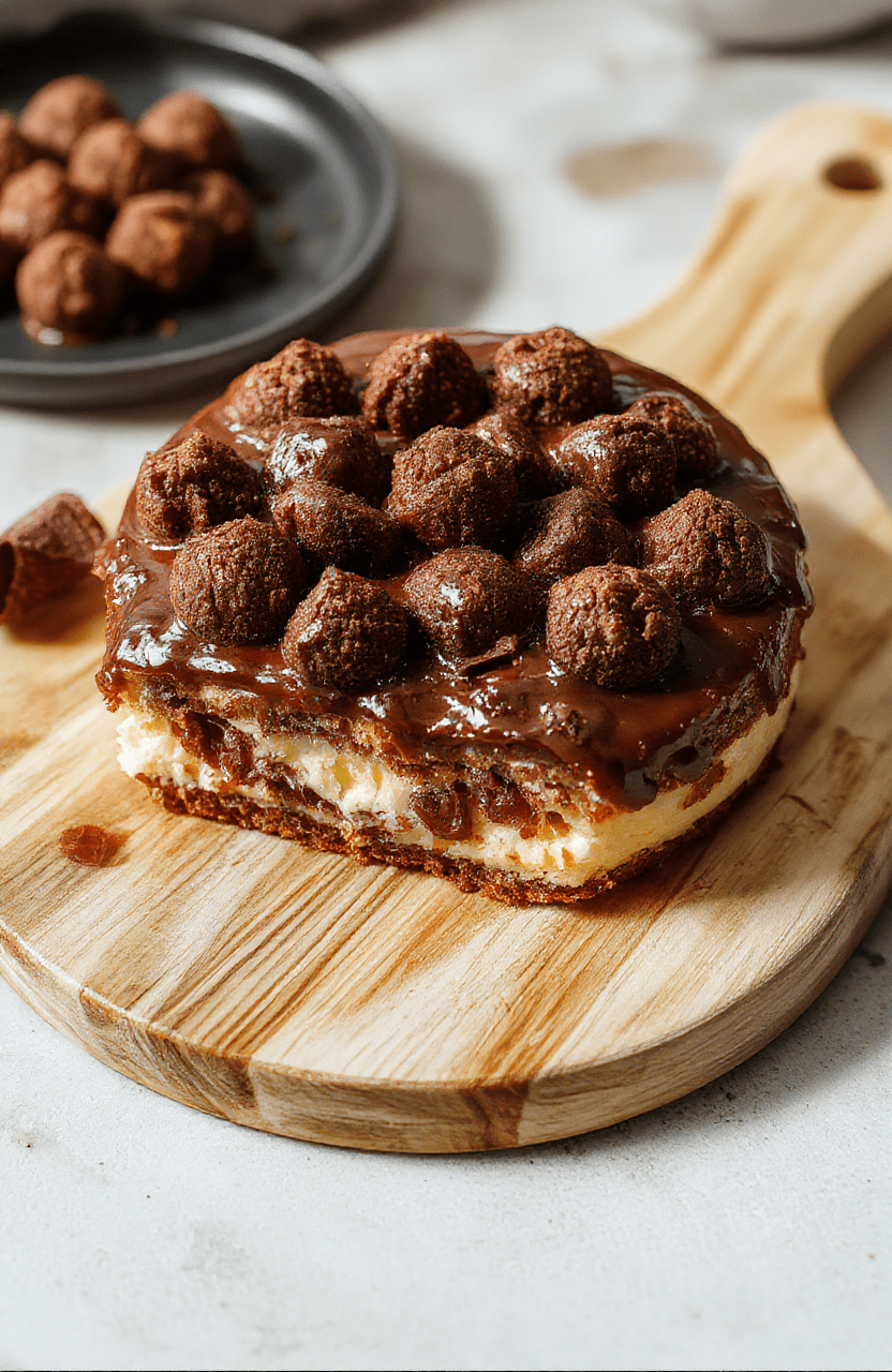 Eine cremige Ferrero Rocher Torte ohne Backen auf heller Holzunterlage, dekoriert mit ganzen Ferrero Rocher Kugeln und gehackten Haselnüssen, glänzende Schokoladenschicht