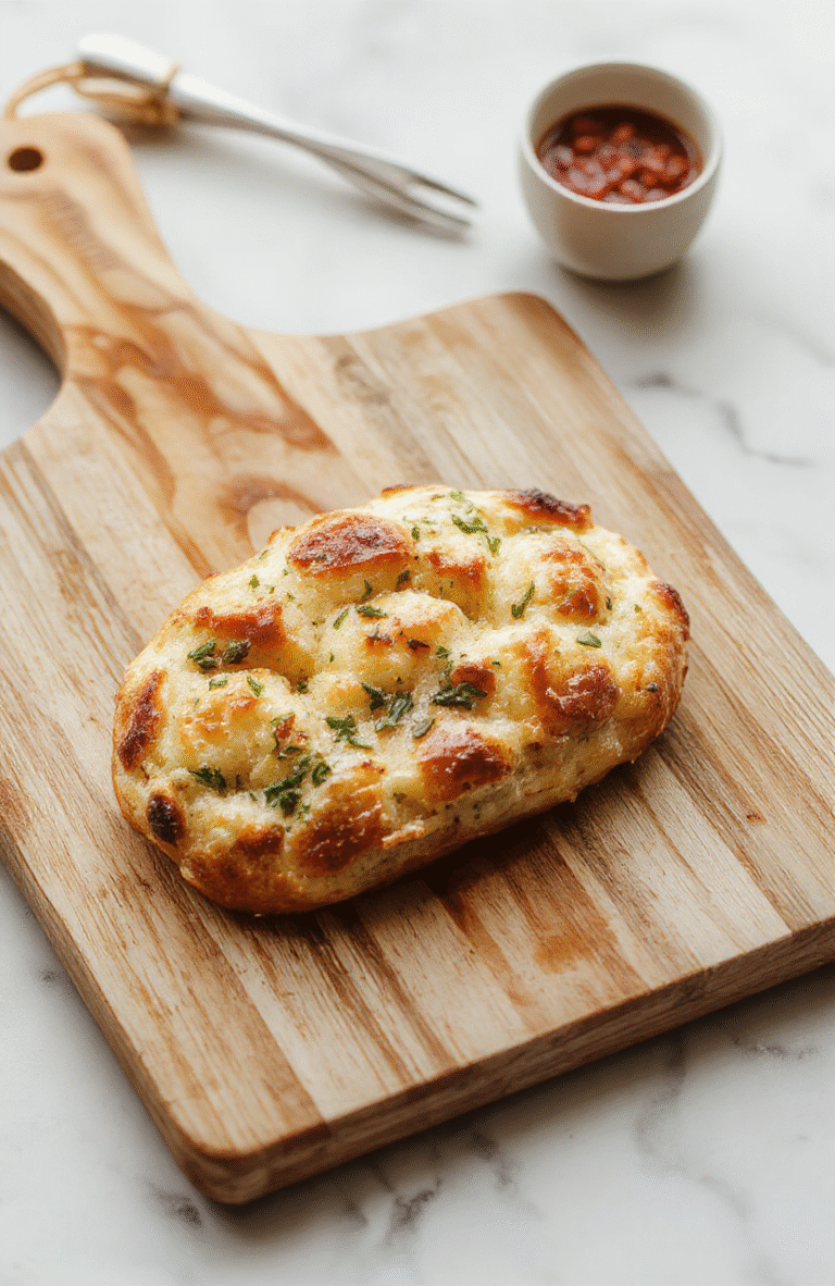 Frisch gebackene Flammkuchen-Brötchen mit Crème fraîche, karamellisierten Zwiebeln und Speck auf einem hellen Holzbrett; goldbraun, knusprig, appetitlich und rustikal angerichtet.