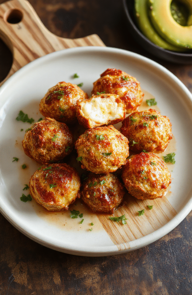 Goldbraune Quarkbällchen liegen locker auf einem weißen Teller; die Oberfläche ist leicht körnig und knusprig, innen schön luftig. Mit leichter Puderzuckerschicht bestäubt, wirken sie appetitlich und fluffig.