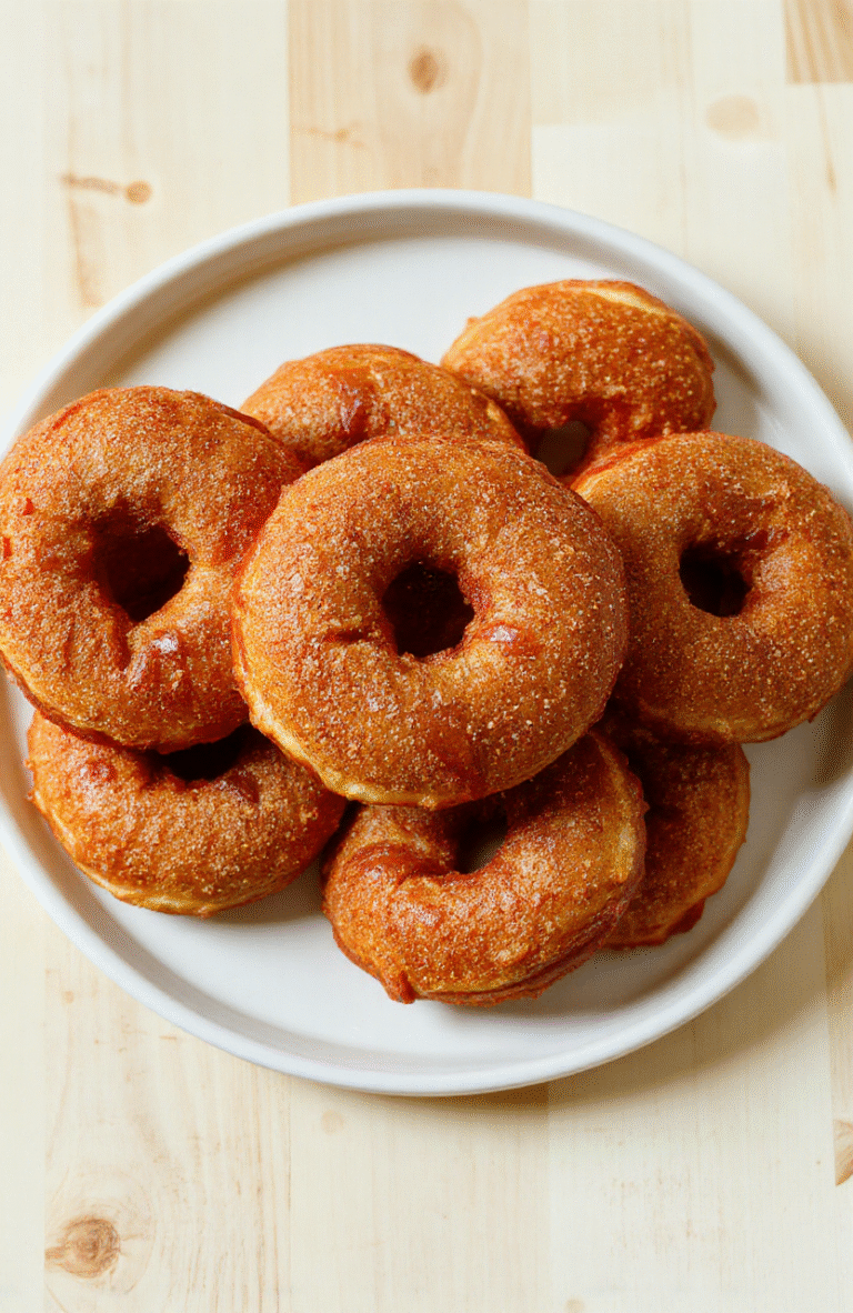 Goldbraune französische Crullers auf einem weißen Teller; luftige Innenstruktur sichtbar, knusprige äußere Kruste, leicht bestäubt mit Puderzucker; Teller auf hellem Holztisch, unscharfer Hintergrund, natürliche Beleuchtung.