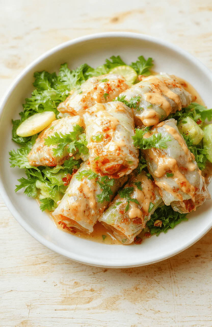 Bunter Frühlingsrollen-Salat auf heller Holzplatte: knackiger Salat mit Gurke, Karotte, Paprika, Edamame, Glasnudeln und frischen Kräutern; cremiges Erdnuss-Dressing wird darüber geträufelt, mit gehackten Erdnüssen bestreut; wirkt frisch, leicht und verlockend.