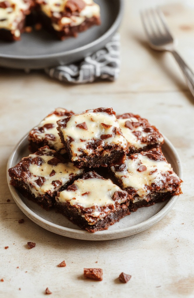 Dunkle, quadratische Frischkäse-Brownies mit einer cremigen hellgelben Frischkäse-Schicht. Die Oberfläche ist leicht glänzend, die Ränder dunkel gebacken, serviert auf einer hellen Holzunterlage mit sanfter Beleuchtung.