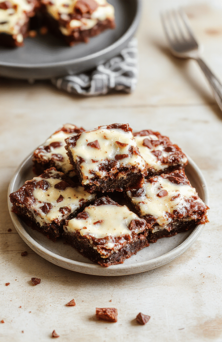 Dunkle, quadratische Frischkäse-Brownies mit einer cremigen hellgelben Frischkäse-Schicht. Die Oberfläche ist leicht glänzend, die Ränder dunkel gebacken, serviert auf einer hellen Holzunterlage mit sanfter Beleuchtung.
