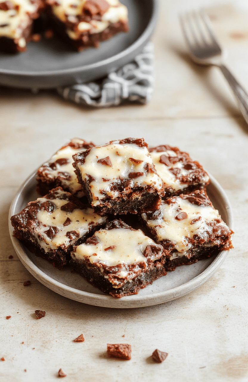 Dunkle, quadratische Frischkäse-Brownies mit einer cremigen hellgelben Frischkäse-Schicht. Die Oberfläche ist leicht glänzend, die Ränder dunkel gebacken, serviert auf einer hellen Holzunterlage mit sanfter Beleuchtung.