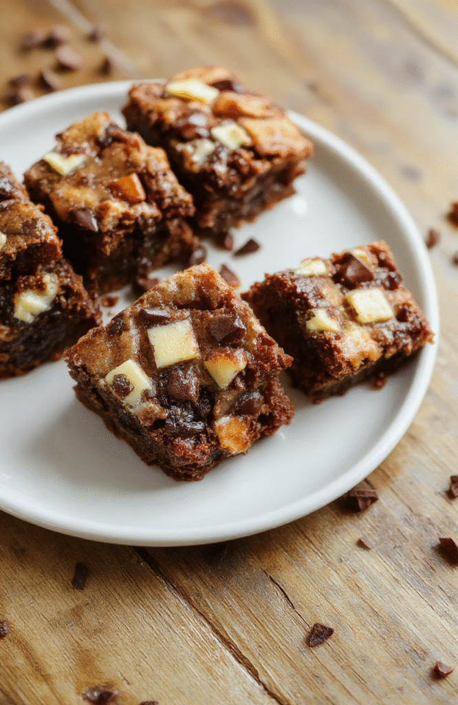 Frischkäse-Brownies auf einer warmbraunen Holzplatte, zwei Stücke mit dunkler Schokoladenbasis und cremiger Frischkäse-Swirl, strukturierte Oberfläche, sanft glänzend, rustikales Setting.