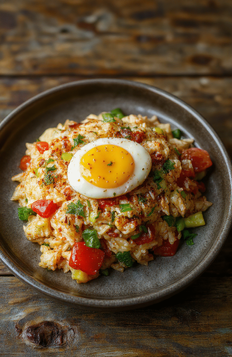 Bunter gebratener Reis mit Gemüse und Ei auf einem rustikalen Holztisch, Paprika in Orange, Erbsen in Grün, glänzende Reiskörner, einfache und alltagstaugliche Präsentation, keine zusätzlichen Utensilien.