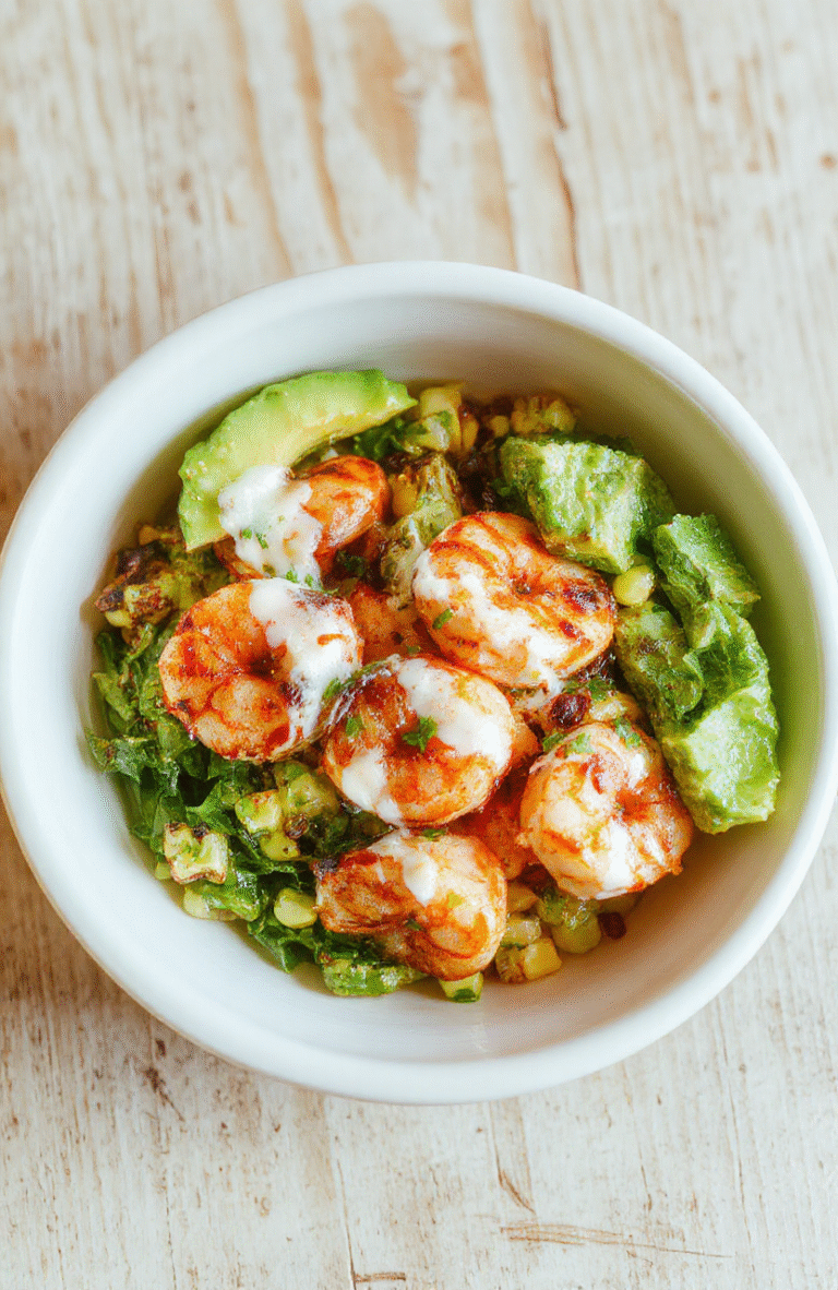Bunte Gegrillte Garnelen Bowl mit Avocado, Mais-Salsa und cremiger Sauce auf einem Teller. Garnelen pink-orange, Avocado grün, Mais gelb, Paprika rot, mit frischen Kräutern.