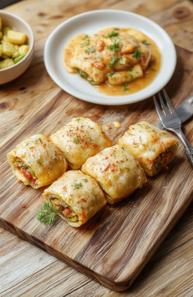 Bunte Gemüse-Schinken-Rollen: dünne Schinkenblätter eingerollt um eine Frischkäse-Gemüse-Füllung aus Paprika, Gurke und Frühlingszwiebeln, serviert auf einem hellen Holztisch, glatte glänzende Oberflächen, appetitliche Farbkontraste von grün, rot und cremigem Käse.