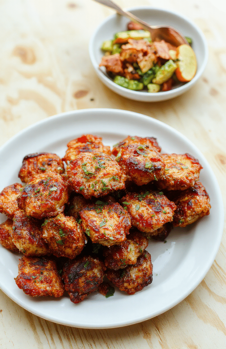 Bunter Teller mit knusprigen Luftfritteusen-Gerichten: goldbraun gebratene Kartoffelstreifen, rote Paprikastreifen, Hähnchenwürfel und gemüsige Beilagen auf heller Holzoberfläche, sanftes Licht, natürliche Texturen, appetitliche Oberfläche