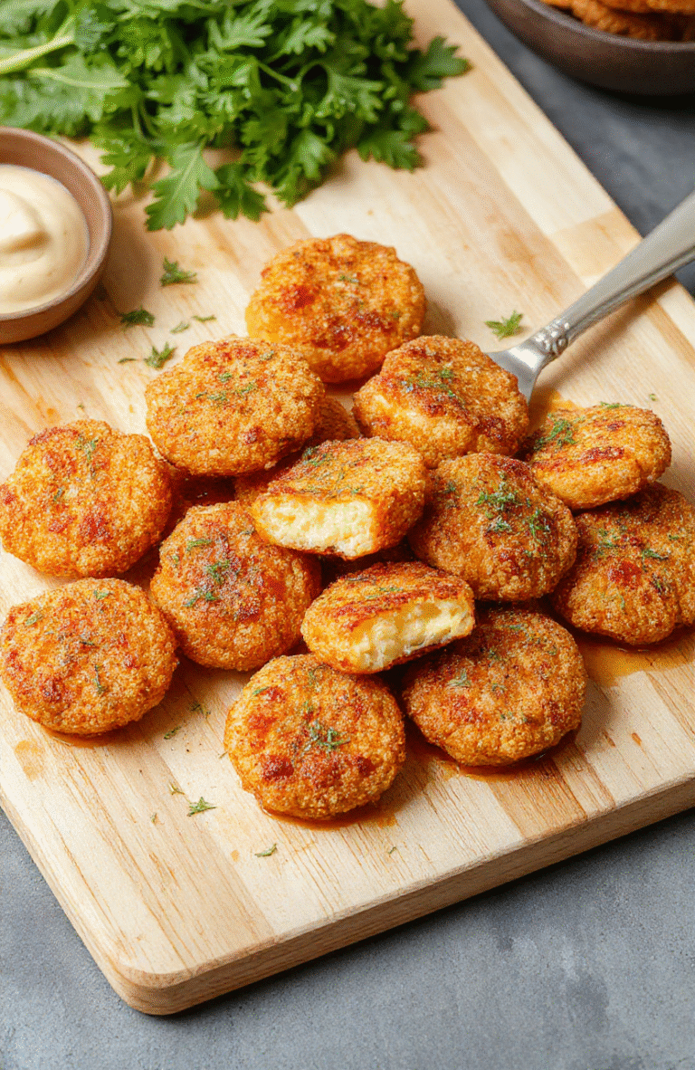 Grüne Brokkoli-Käse Nuggets liegen knusprig auf einem weißen Teller, goldbraun gebacken, Käse schmilzt sichtbar, daneben etwas Petersilie. Nahaufnahme in natürlichem Licht.
