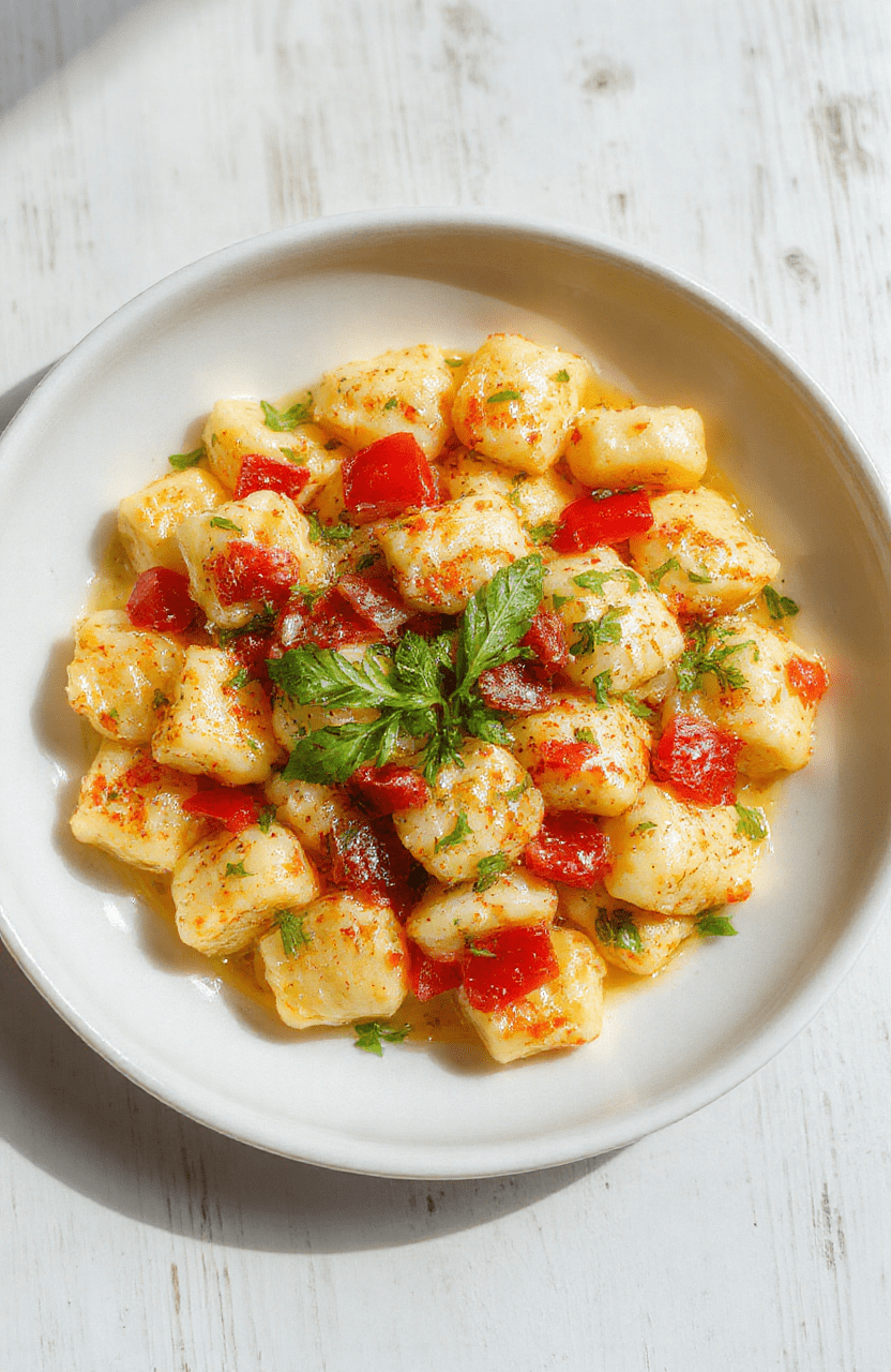Ein bunter Knuspriger Gnocchi Salat auf einer hellen Holzplatte. Kirschtomaten, Gurken, Paprika, Rucola und Parmesan schmücken das Gericht, dazu goldbraun gebratene Gnocchi und ein leichtes Dressing aus Olivenöl und Zitronensaft. Frische Kräuter verleihen dem Bild sommerliche Frische, nah am Teller.