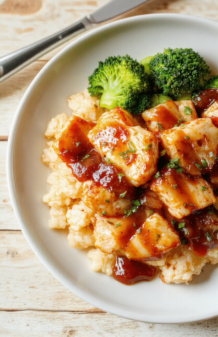 Auf dem Teller liegt golden gebratenes Hähnchen in Teriyaki-Sauce neben knackigem Brokkoli und lockerem Reis; das Gericht wirkt frisch, bunt und appetitlich auf einer hellen Holztischplatte.