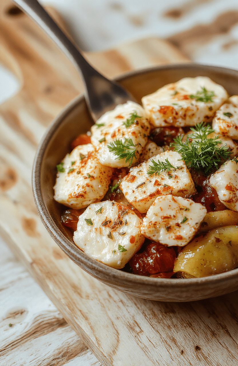 Bunte Griechische Halloumi-Bowl mit goldbraun gebratenem Halloumi, cremigem Tzatziki, Tomate, Gurke, Paprika und roten Zwiebeln, serviert auf hellen Holzplatten. Frische Kräuter und Salat verleihen dem Teller einen lebendigen, vegetarischen Look.
