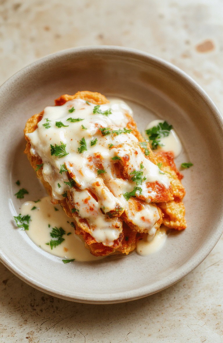 Ein Teller Hähnchen Gyros in cremiger Sauerrahmsauce, goldbraun gebratene Hähnchenstreifen, cremige Sauce, rote Zwiebelringe, Gurkenscheiben, Kirschtomaten, Dill, serviert auf einem schlichten Teller, natürlicher Look, appetitlich