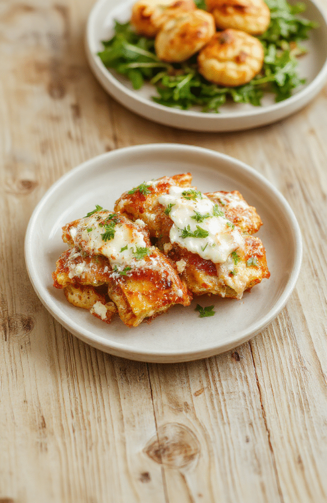 Nahaufnahme von gegrillten Hähnchen-Gyros-Streifen auf einem Teller mit cremigem Feta-Tzatziki, geriebener Gurke, zerbröckeltem Feta und Dill, serviert auf heller Holzoberfläche.