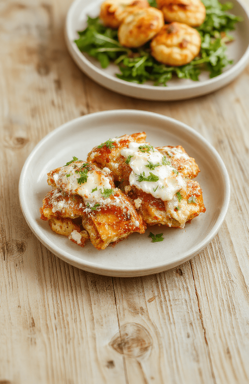 Nahaufnahme von gegrillten Hähnchen-Gyros-Streifen auf einem Teller mit cremigem Feta-Tzatziki, geriebener Gurke, zerbröckeltem Feta und Dill, serviert auf heller Holzoberfläche.