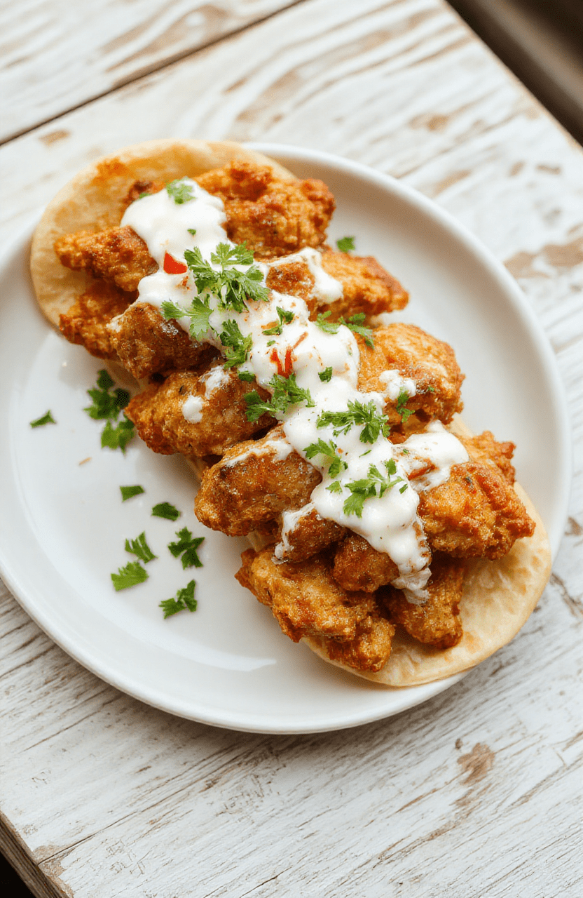 Auf einem hellen Holzbrett liegt eine Schale mit goldbraunen Hähnchenstreifen in cremiger Schmandsauce, garniert mit Petersilie; daneben frisches Brot, alles in warmem Licht.