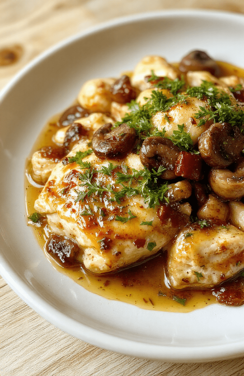 Eine goldbraune Hähnchen-Pilz-Pfanne in cremiger Sauce, serviert in einer weißen Schale auf einem hellen Holztisch. Duftende Champignons, zarte Hähnchenstücke und feine Kräuter verleihen dem Gericht eine einladende, warme Optik.