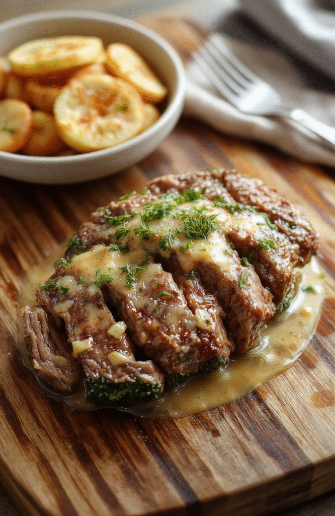 Beispielbild: Zart gebratenes Hähnchenfilet in einer glatten, cremigen Knoblauchsauce, serviert auf einem weißen Teller mit leichter Petersilien Garnitur, cremige Sauce schimmert um das Hähnchen, goldbraune Oberseite, Hintergrund leicht verschwommen.