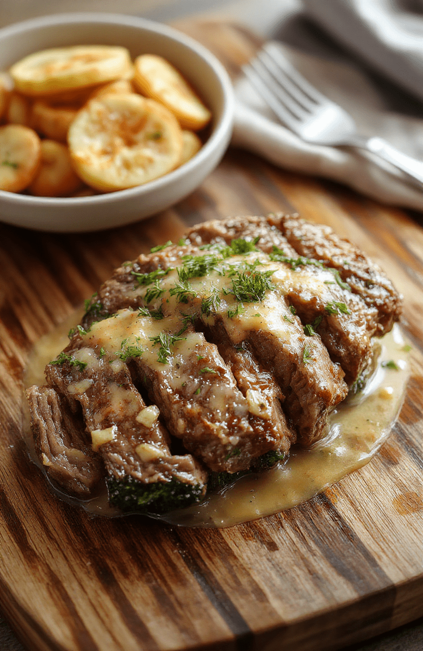Beispielbild: Zart gebratenes Hähnchenfilet in einer glatten, cremigen Knoblauchsauce, serviert auf einem weißen Teller mit leichter Petersilien Garnitur, cremige Sauce schimmert um das Hähnchen, goldbraune Oberseite, Hintergrund leicht verschwommen.