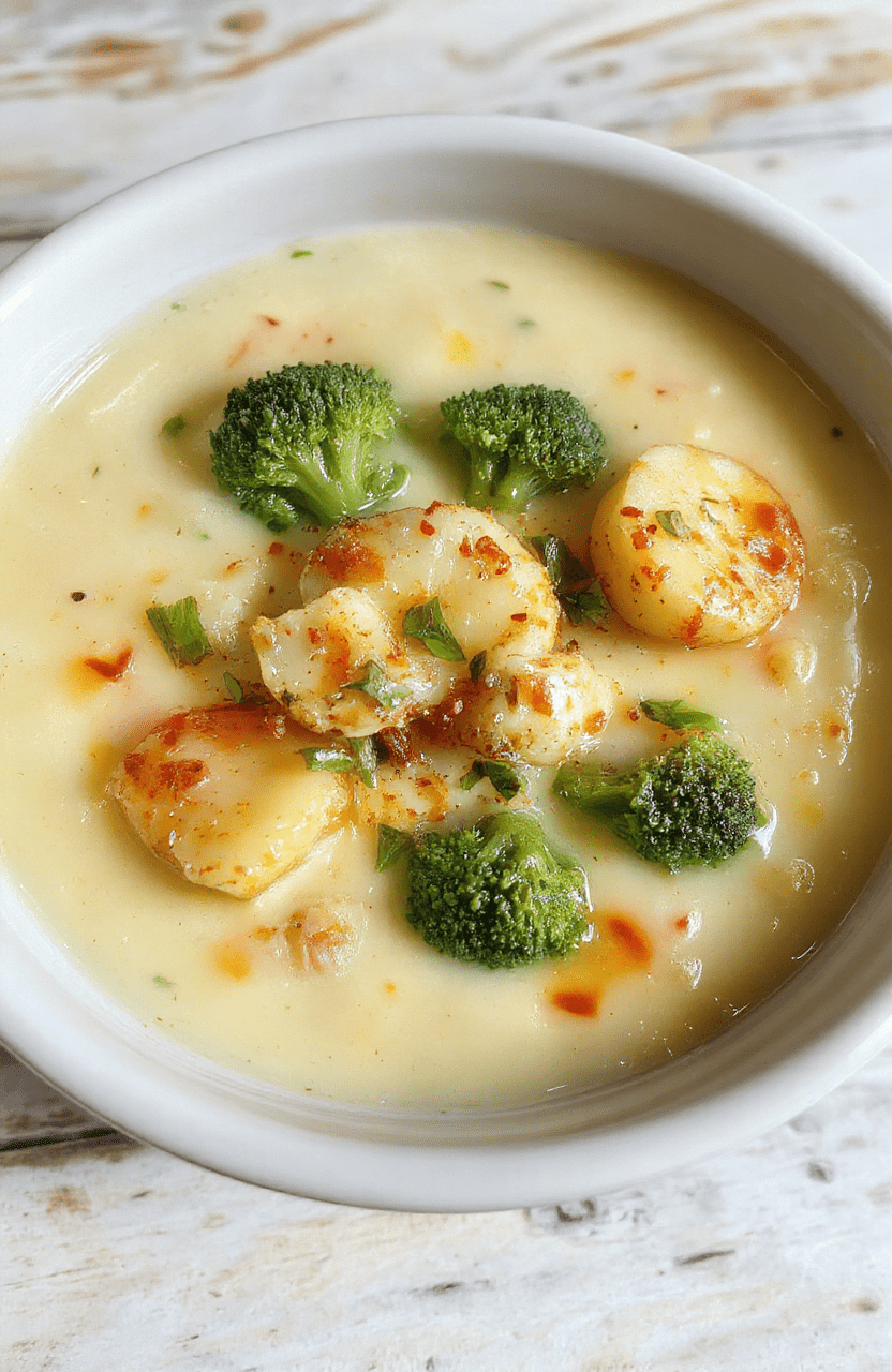 Eine cremige Brokkolisuppe in einer weißen Schüssel, mit grünen Brokkoliröschen, Kartoffelwürfeln und geschmolzenem Käse an der Oberfläche; die Textur wirkt samtig, der rustikale Hintergrund betont die häusliche Zubereitung.