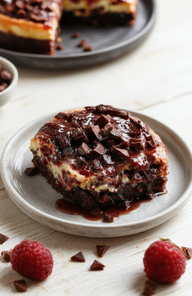 Eine Scheibe Himbeer-Brownie-Cheesecake auf einem neutralen Teller, cremige Käsefüllung mit hellrosa Himbeer-Swirl, dunkler Brownie-Boden, frische Himbeeren als Garnitur, fein bestäubt, natürliche Tageslicht-Atmosphäre, Nahaufnahme.