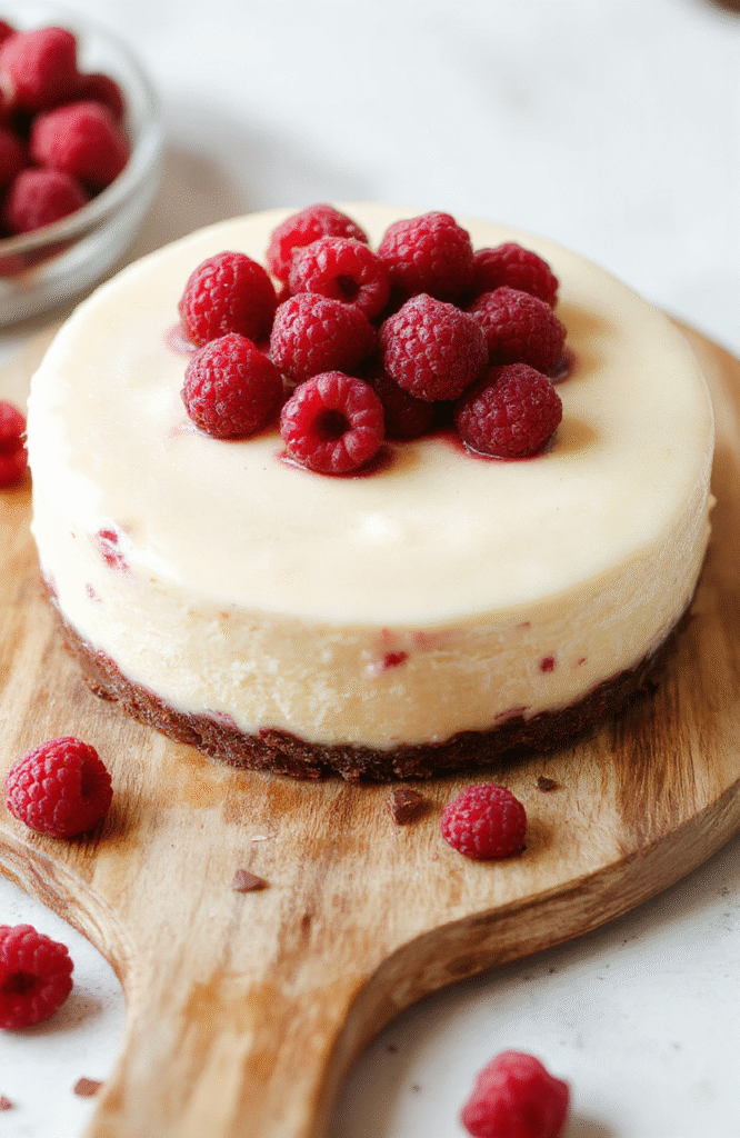 Ein rechteckiges Stück Himbeer-Brownie-Cheesecake liegt auf einem hellen Holztisch. Die oberste Schicht ist dunkelbraun, darunter eine cremige hellgelbe Cheesecake-Schicht, verziert mit leuchtend roten Himbeeren. Die Textur wirkt samtig und reichhaltig, die Oberfläche glänzt leicht, der Hintergrund ist unscharf, natürliches Licht betont die Farben.