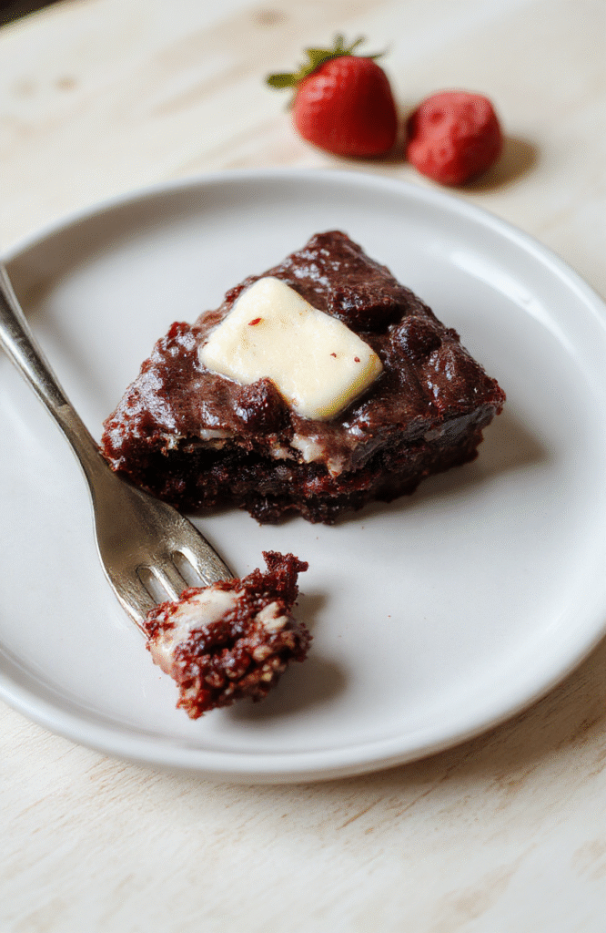 Ein Stück Himbeer-Brownie-Cheesecake auf einer lighten Holztischplatte. Oben eine cremige Käse-Schicht über dunklem Brownie, garniert mit frischen Himbeeren. Nahaufnahme, warme natürliche Beleuchtung, detaljerreiche Texturen.