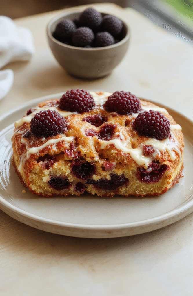 Ein Stück Himbeerkuchen mit weißer Schokolade auf einem weißen Teller. Die Kruste ist goldbraun, sichtbar sind helle Schokoladenstücke und leuchtend rote Himbeeren. Die Oberfläche wirkt feucht und fluffig, der Kuchen lädt zum Reinbeißen ein.