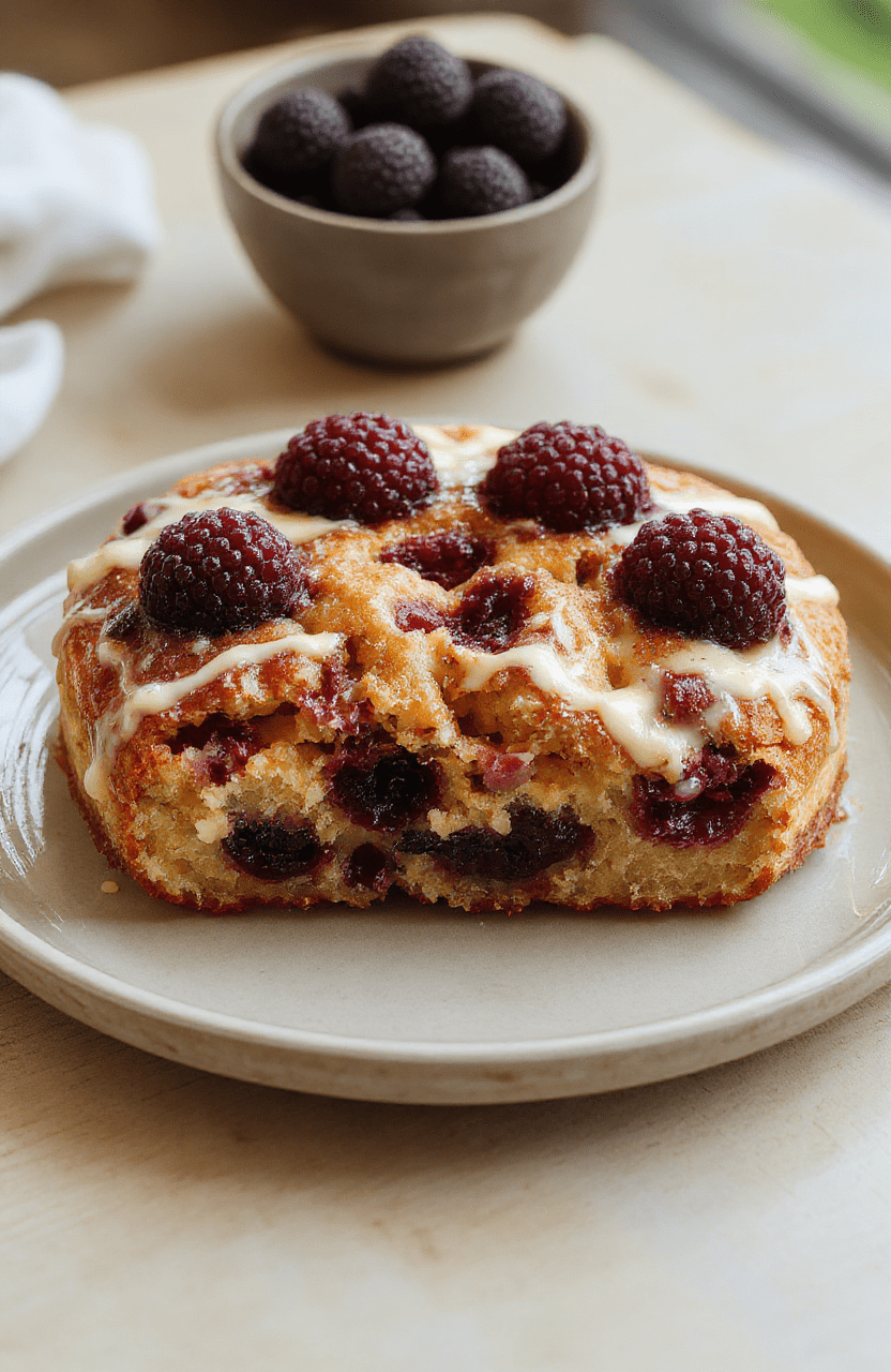 Ein Stück Himbeerkuchen mit weißer Schokolade auf einem weißen Teller. Die Kruste ist goldbraun, sichtbar sind helle Schokoladenstücke und leuchtend rote Himbeeren. Die Oberfläche wirkt feucht und fluffig, der Kuchen lädt zum Reinbeißen ein.