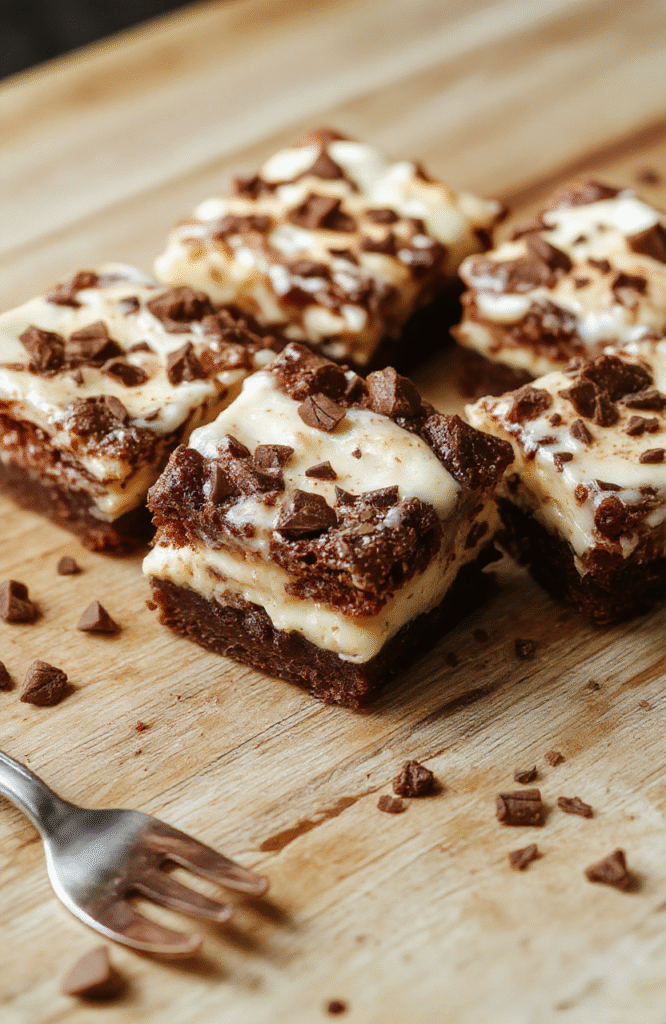 Ein Stück Himmlische Tiramisu Brownies liegt auf einer hellen Walnuss-Holzoberfläche. Darunter eine dunkle, fudgy Brownie-Basis, oben eine cremige Mascarpone-Tiramisu-Schicht, leicht staubt Kakao darüber. Nahaufnahme, warme natürliche Beleuchtung, sanfte Schärfentiefe.